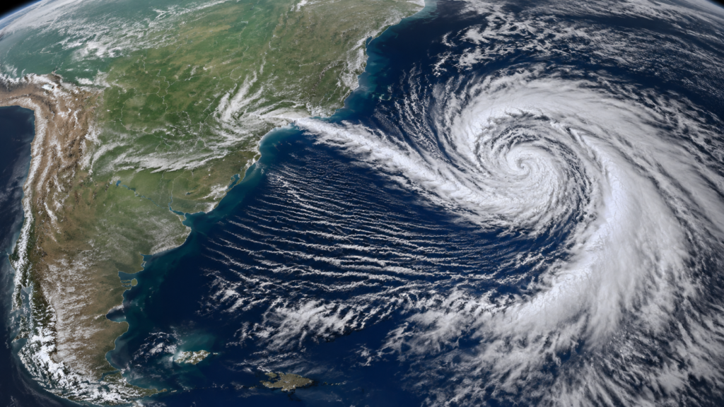 Ciclone, frente fria e ressaca: qual a diferença? Ilustração de um ciclone extratropical e uma frente fria sobre o Atlântico Sul