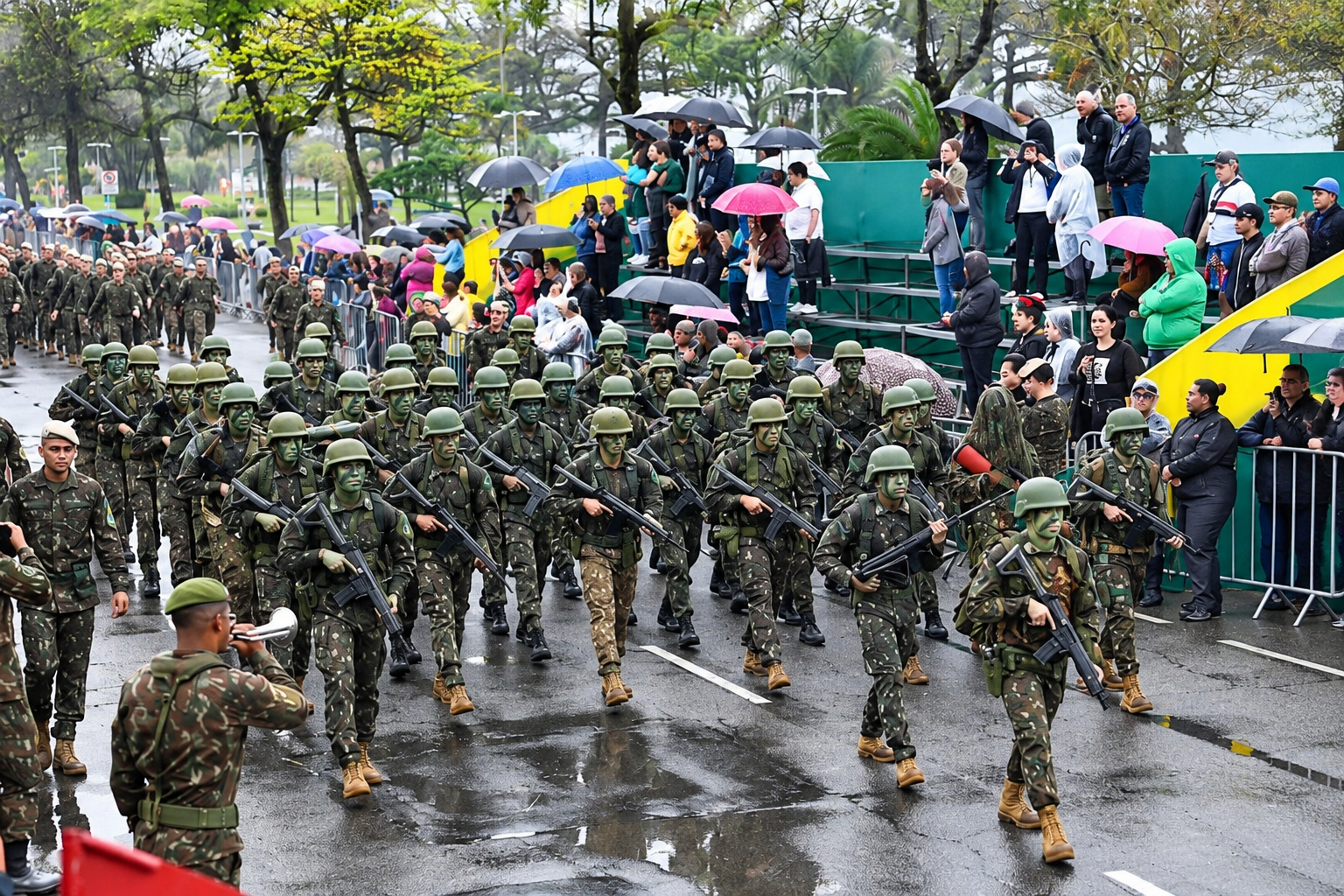 Chuva, frio e mar agitado marcam feriado de 7 de Setembro em Santos Desfile cívico-militar sob chuva em Santos