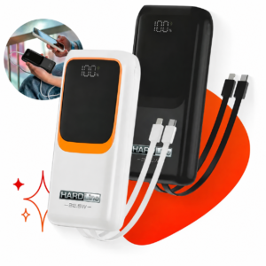 Power bank Hardline de 20.000 mAh com visor digital e cabos integrados