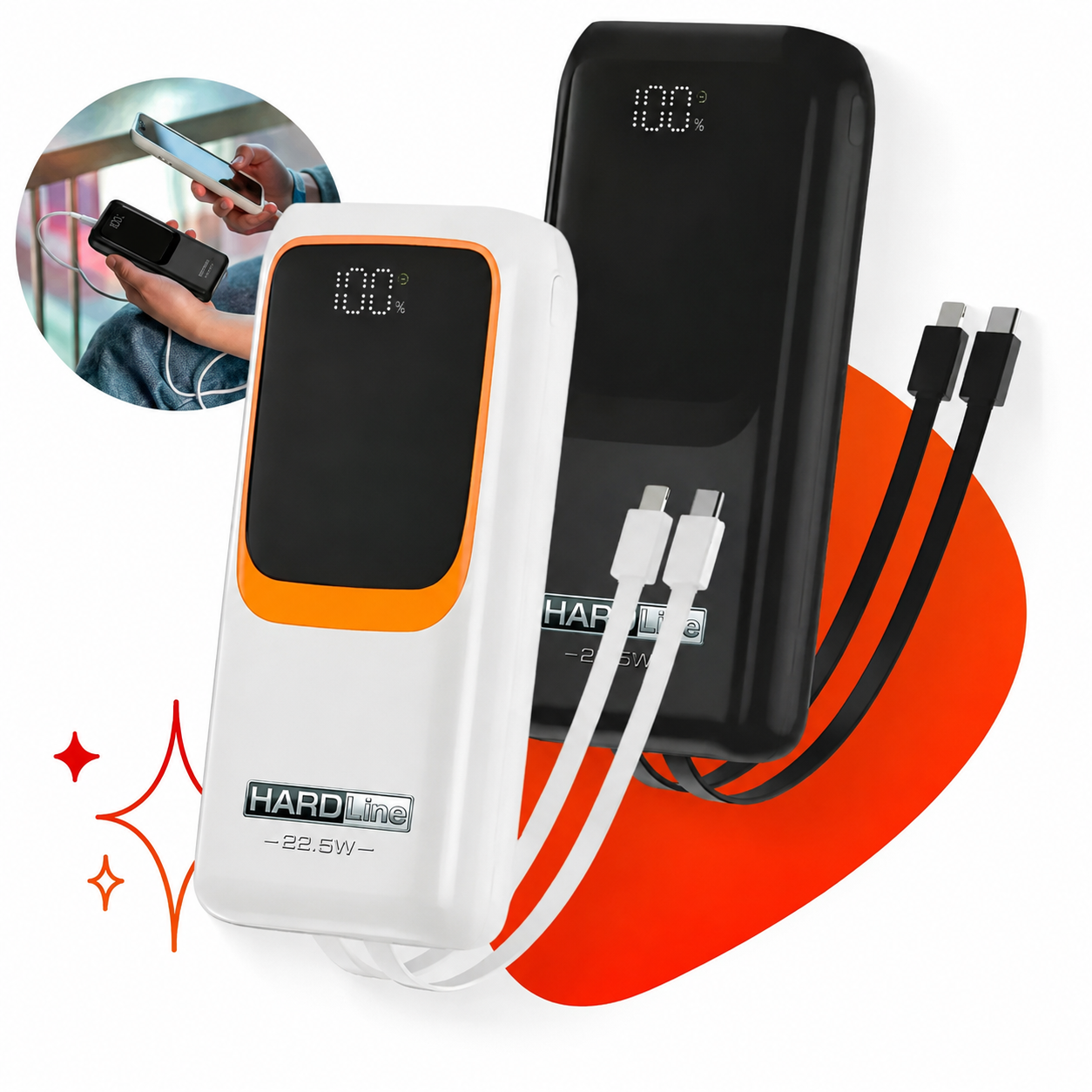 Power Bank Hardline 20.000 mAh Power bank Hardline de 20.000 mAh com visor digital e cabos integrados